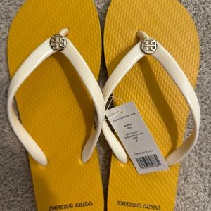 Tory Burch Mustard and Cream Flip Flops